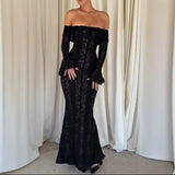 Damen Schwarz Schulterfrei Maxi Abendkleid