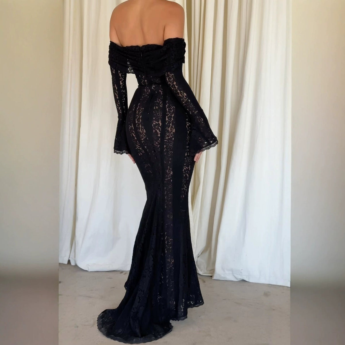 Damen Schwarz Schulterfrei Maxi Abendkleid