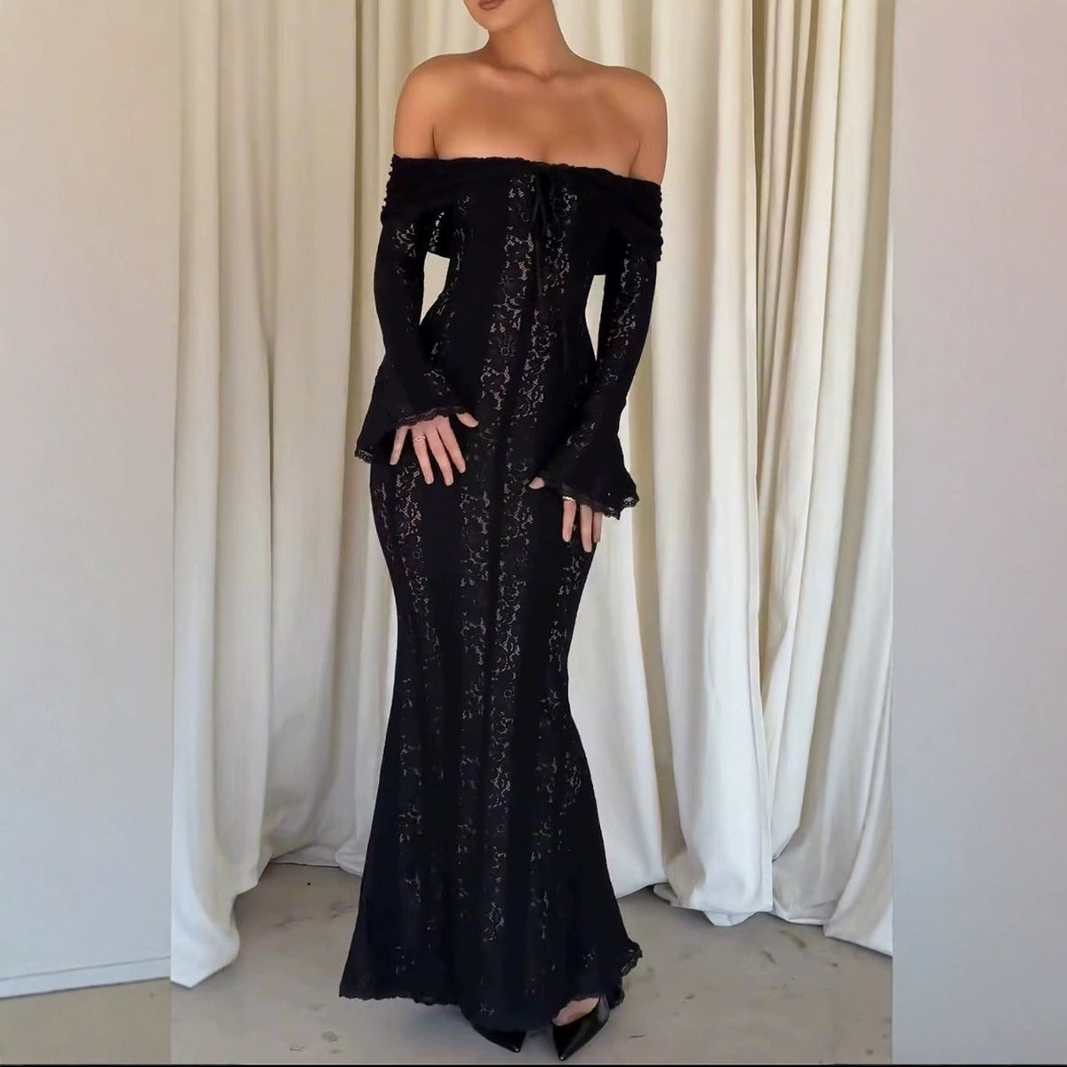 Damen Schwarz Schulterfrei Maxi Abendkleid