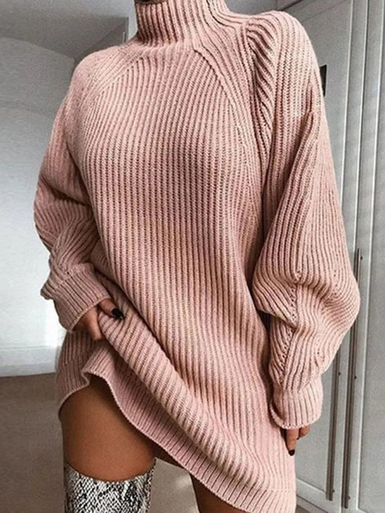 Damen Langarm Rollkragen Strickkleid
