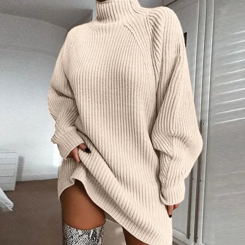 Damen Langarm Rollkragen Strickkleid