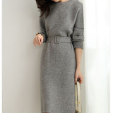Damen Gegürtet Midi Strickkleid