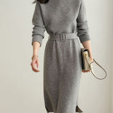 Damen Gegürtet Midi Strickkleid
