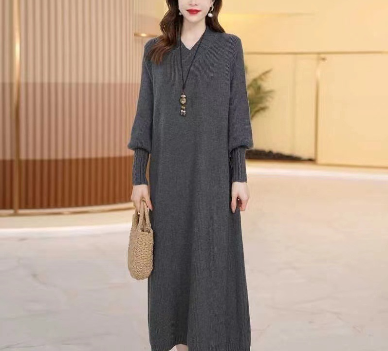Damen V-Ausschnitt Midi Strickkleid