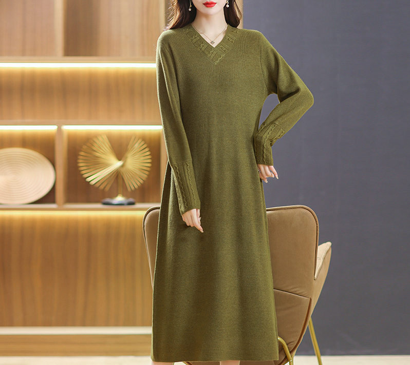Damen V-Ausschnitt Midi Strickkleid