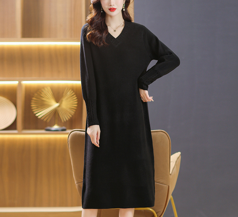 Damen V-Ausschnitt Midi Strickkleid