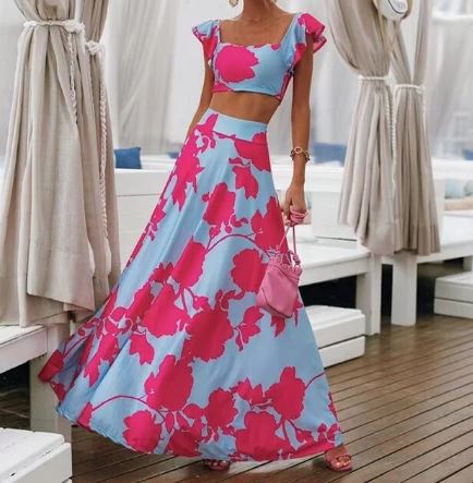 Damen Zweiteiler Bedruckt Maxi Sommerkleid