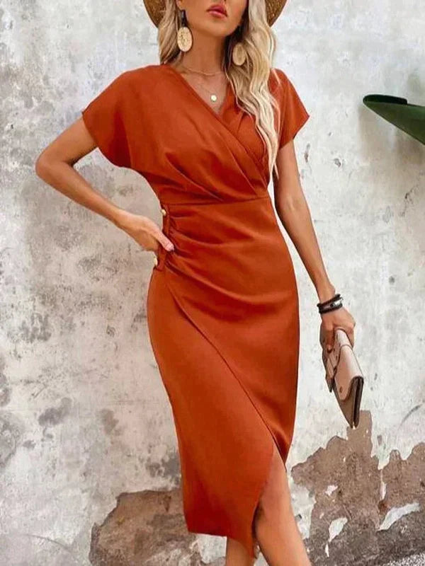 Damen Kurzarm Midi Satin Kleid