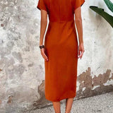Damen Kurzarm Midi Satin Kleid