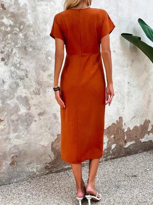 Damen Kurzarm Midi Satin Kleid
