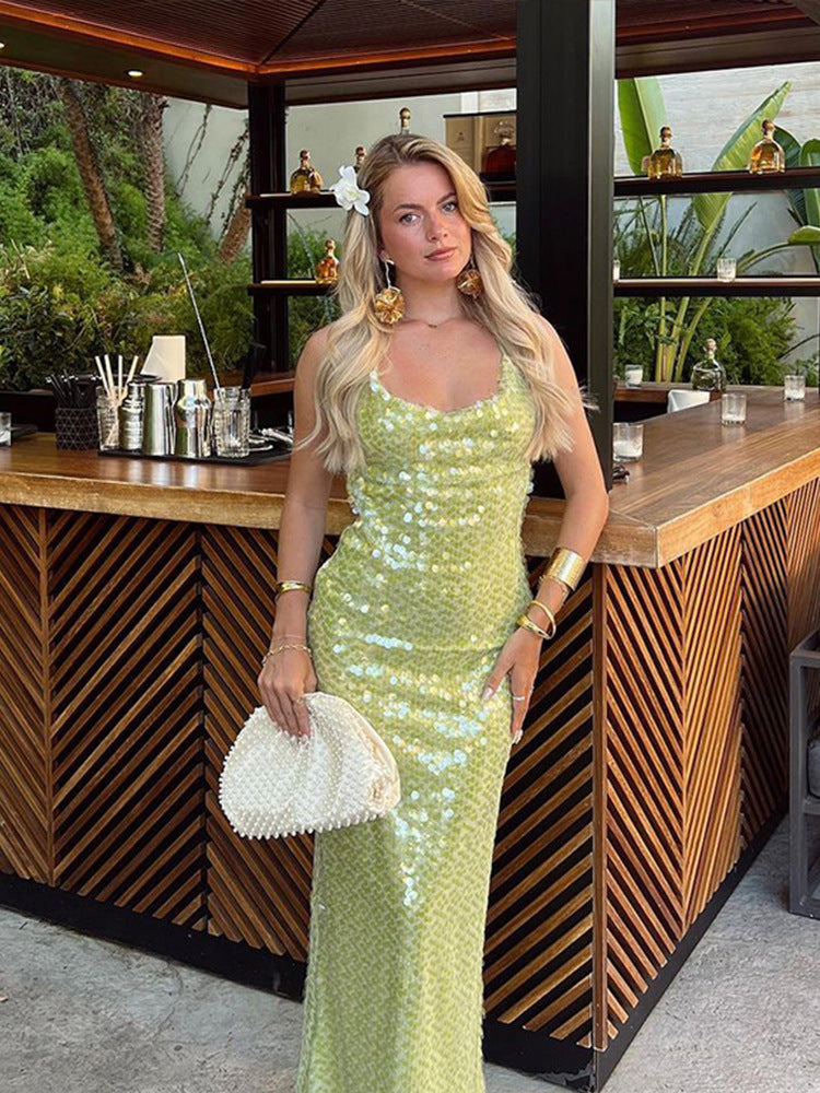 Damen Ärmellos Pailletten Silvester Kleid