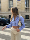 Damen Blau Geknöpft mit Brusttasche Kurze Bluse