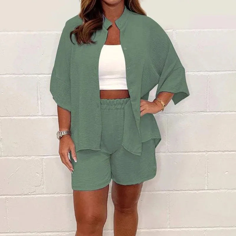 Damen Sommer Geknöpft Hemd und Shorts Zweiteiler Set